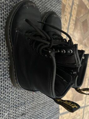 Dr. Martens Black Leather Lace-Up Boots with Yellow Heel Loop